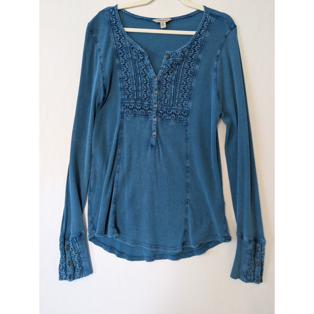 Lucky Brand Womens XL Blue Waffle Knit Thermal Henley Top Crochet Lace Detail - Picture 4 of 9